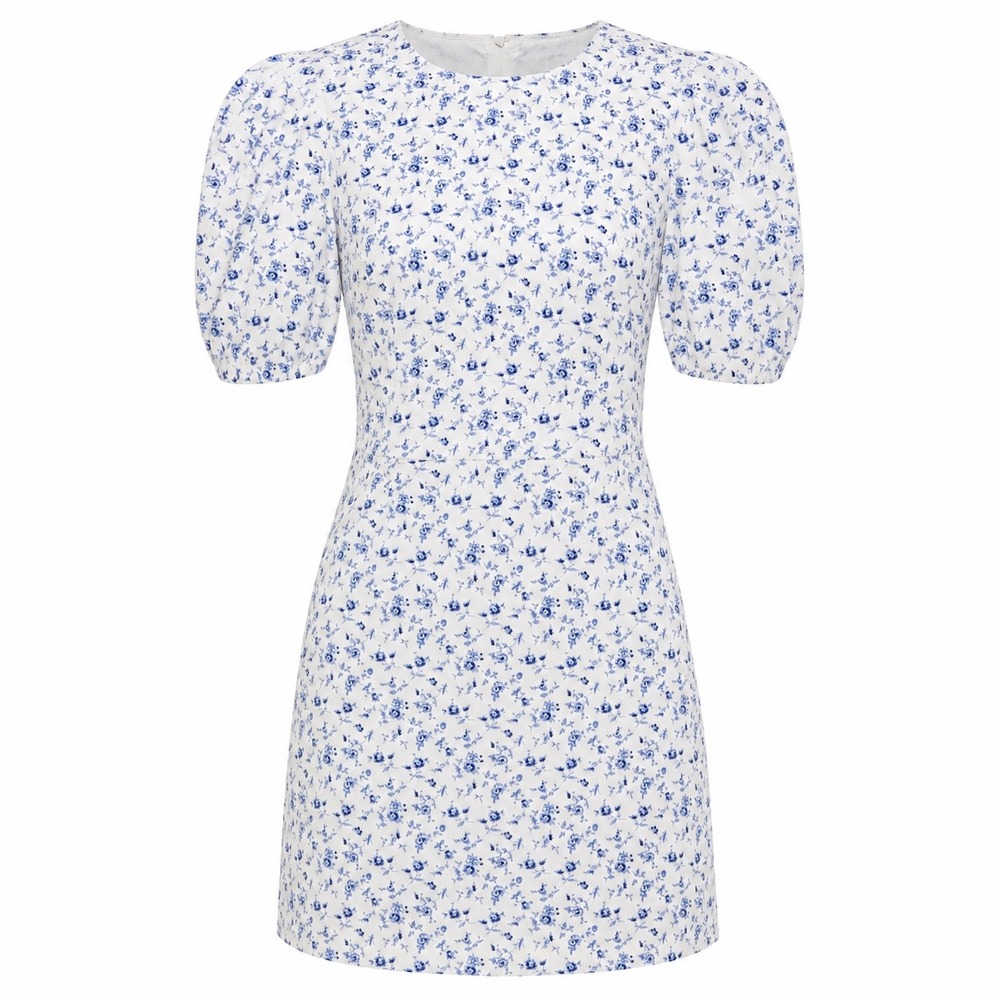 NWT Forever 21 Mini Dress Blue White Floral Puff Sleeve Open Back Cottagecore M - Picture 7 of 13